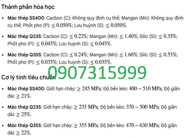 Thành phần hóa học và cơ lý tính thép hộp vuông 350x350x10 mm/ly Thành phần hóa học và cơ lý tính thép hộp vuông 350x350x10 mm/ly