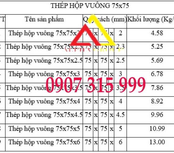 THÉP HỘP VUÔNG 75X75 DÀY 2MM, 2.3MM, 2.5MM, 3MM, 3.5MM, 4MM, 5MM, 6MM