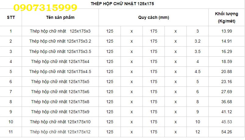 Thép hộp chữ nhật 125x175 / Thép hộp chữ nhật 175x125 